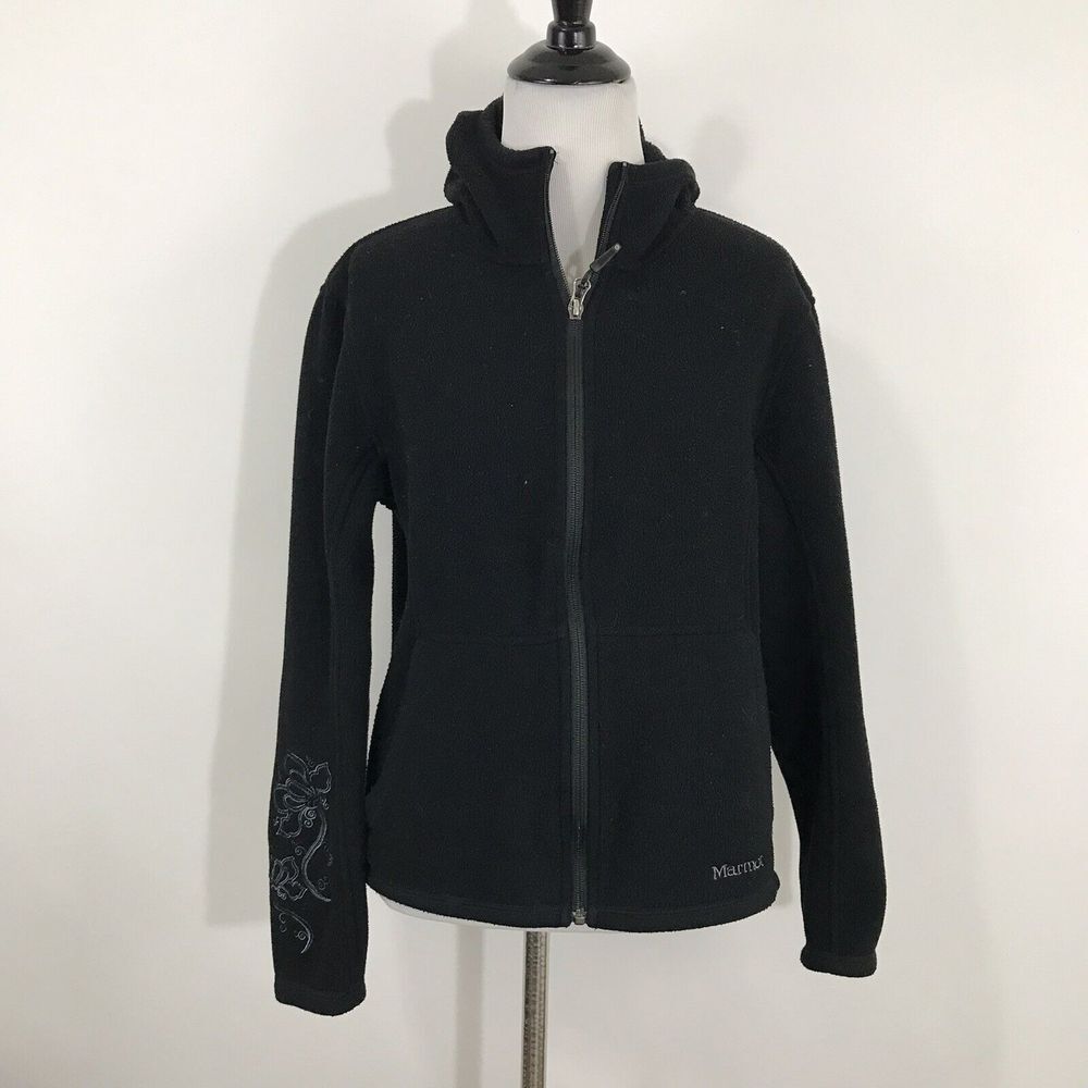Marmot Womens Black Full Zip Fleece Hoodie Jacket Floral Sleeve S gorpcore
